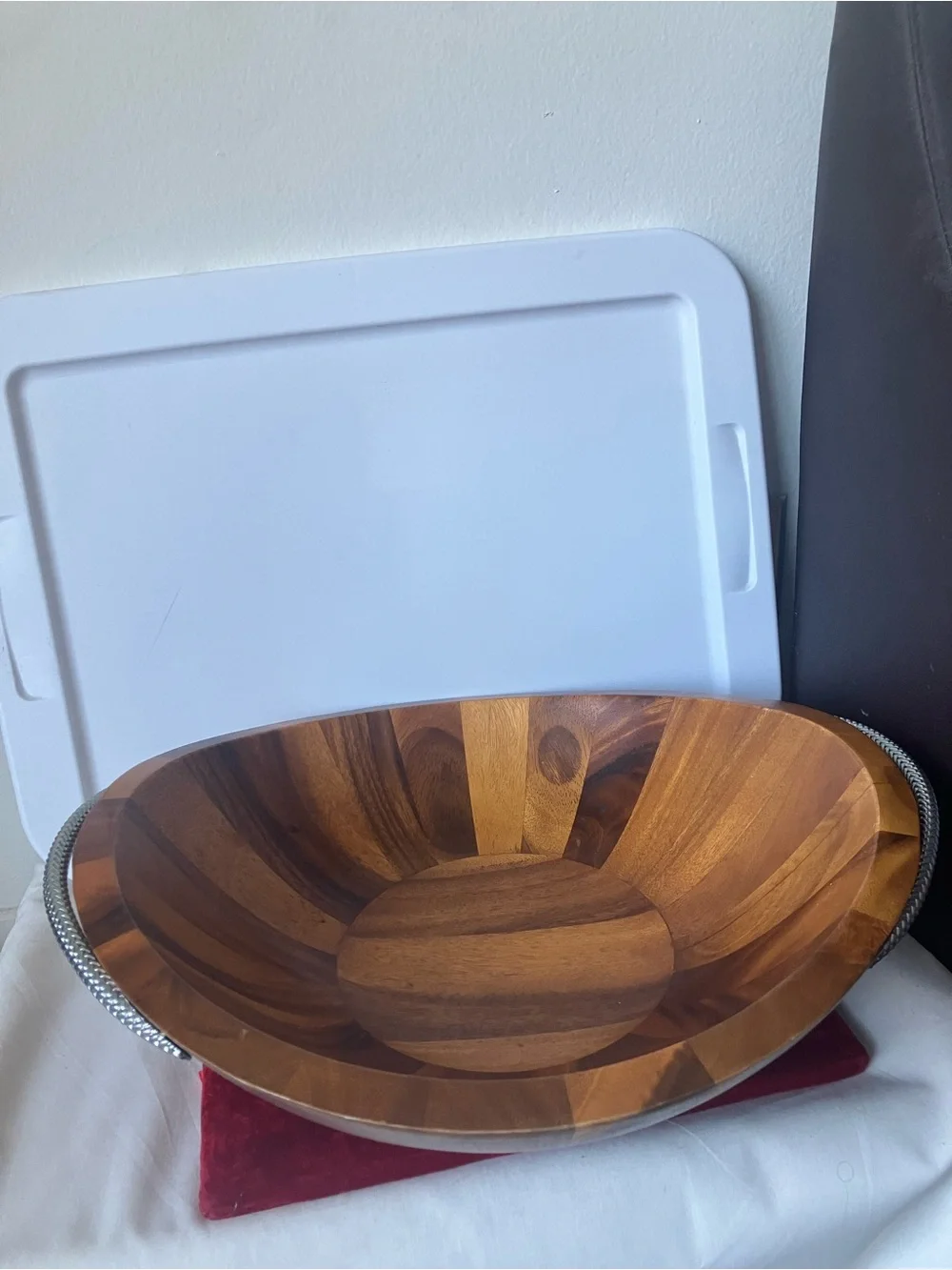 Nambe Braid Collection Large Oval Acacia Wood Handled Salad Serving Bowl USED.